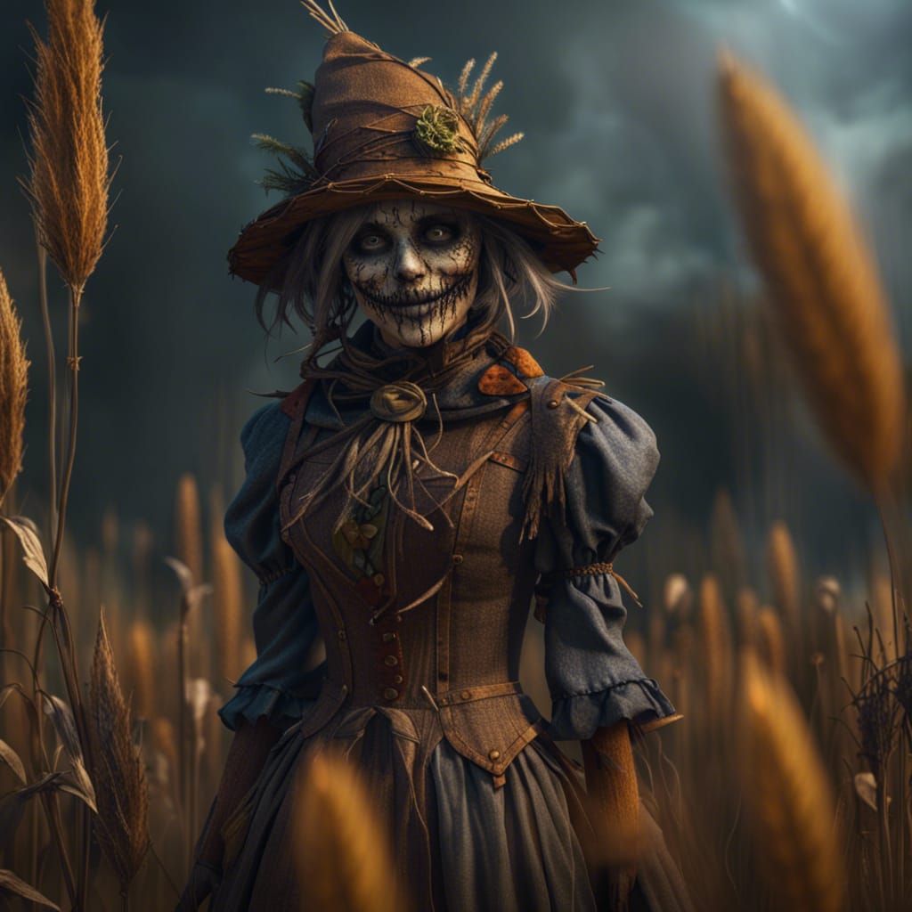 Detailed Scarecrow Costume Art in Deep Color