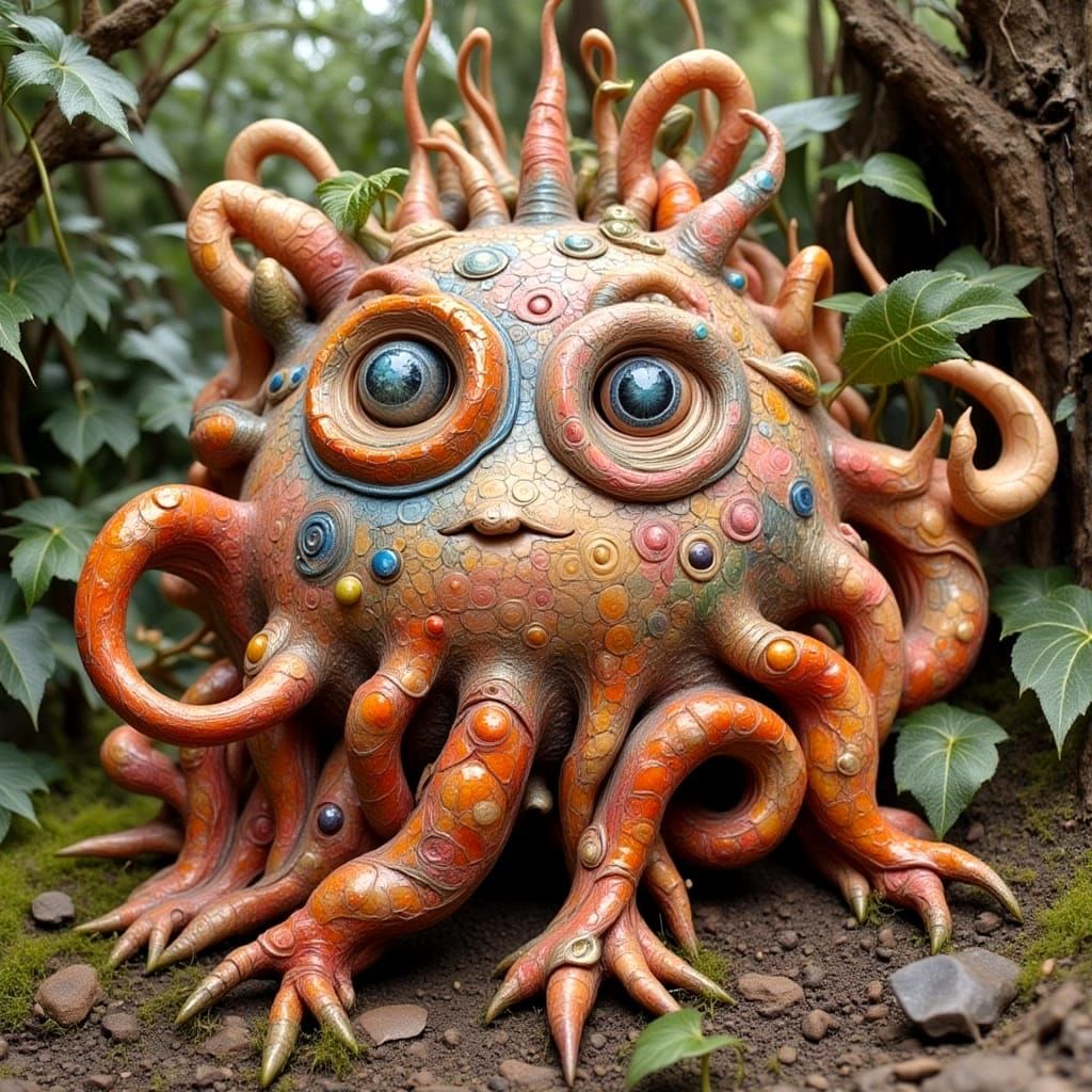 Intricate Clay Creature in Spectral Forest: 3D Render