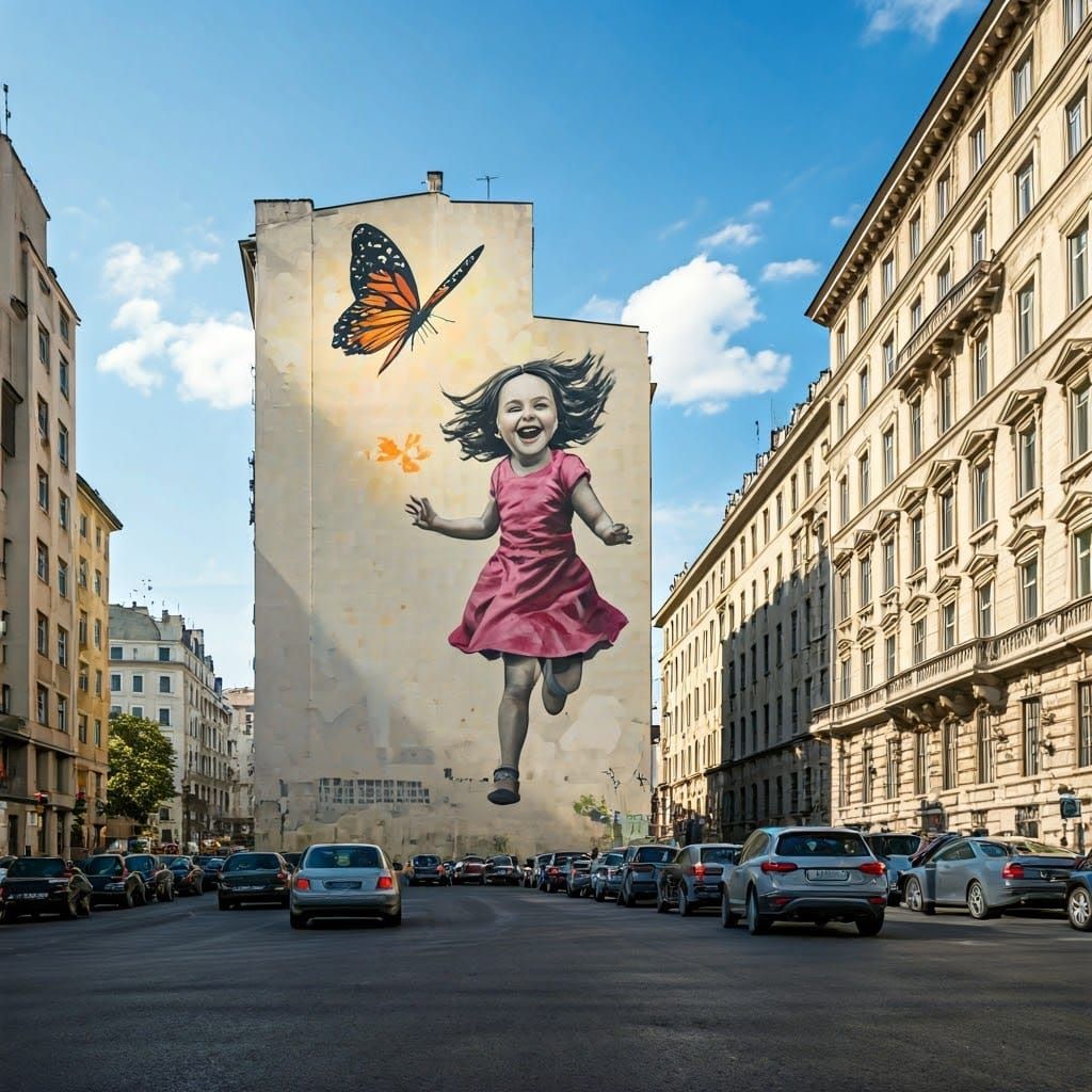 Laughing Girl Chasing Butterfly: Urban Street Art