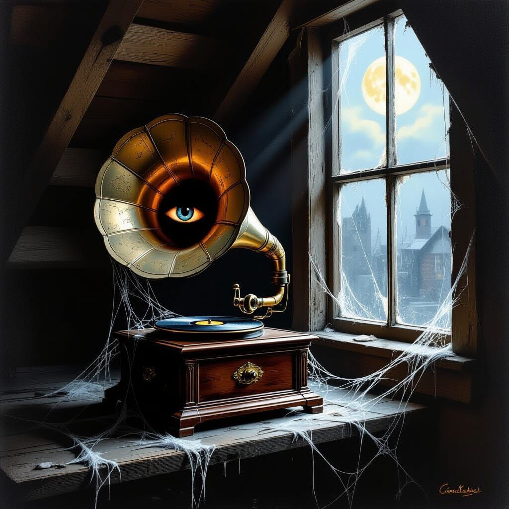 Ethereal Gramophone in Dusty Attic by Moonlight