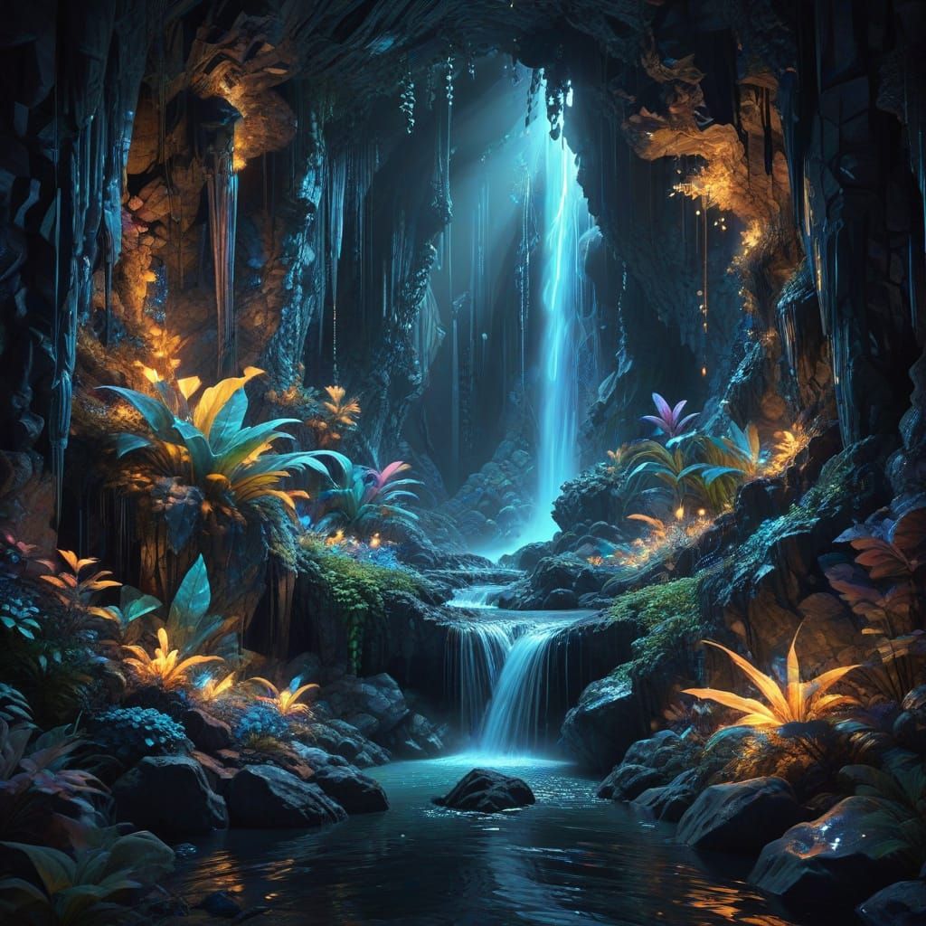 Crystal Cave Waterfalls in Vibrant Abstract Art