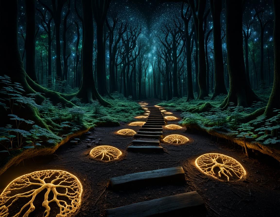 Bioluminescent Forest Path in Dark Academia Style