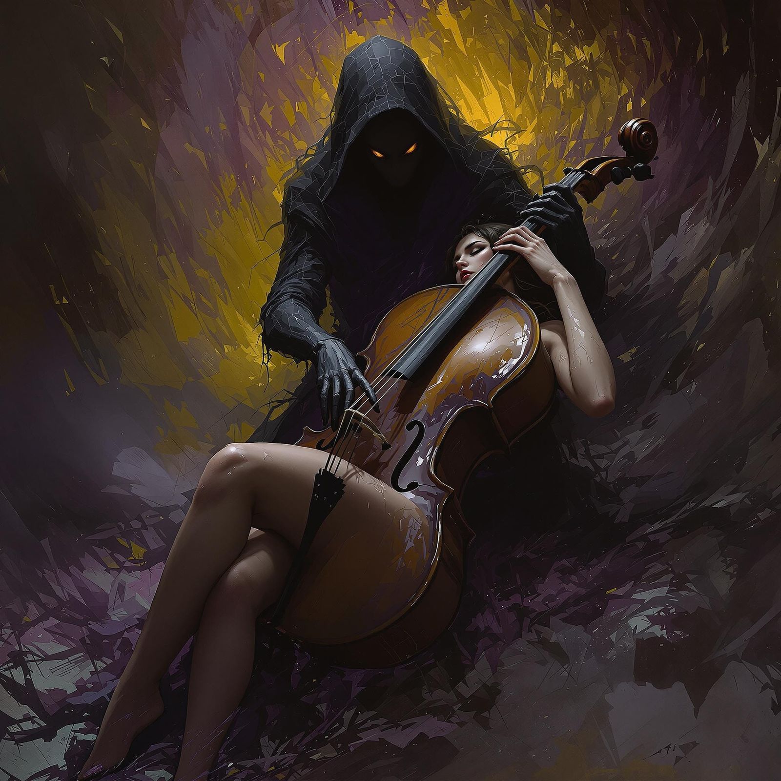 Brooding Figure Plays Woman as Cello in Dark Fantasy