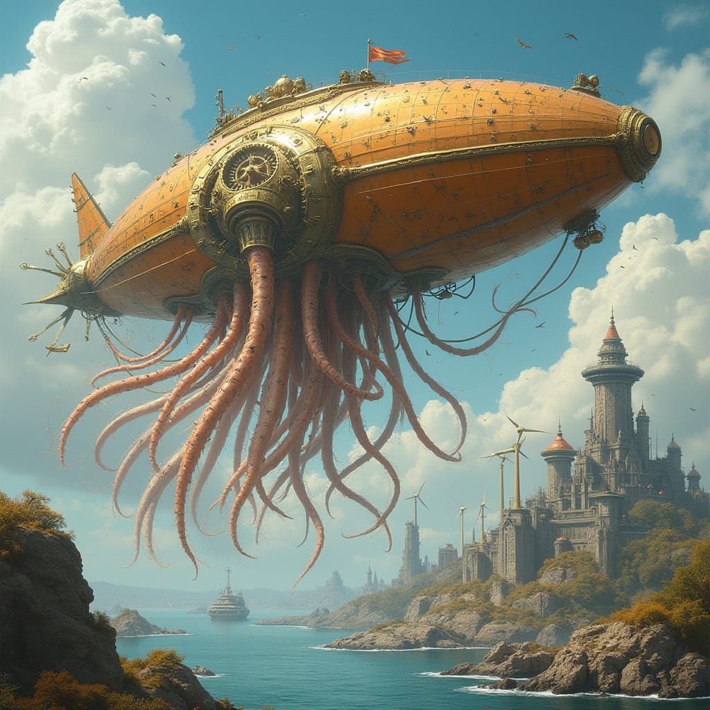 Jellyfish Airship Floats Above Solarpunk Metropolis