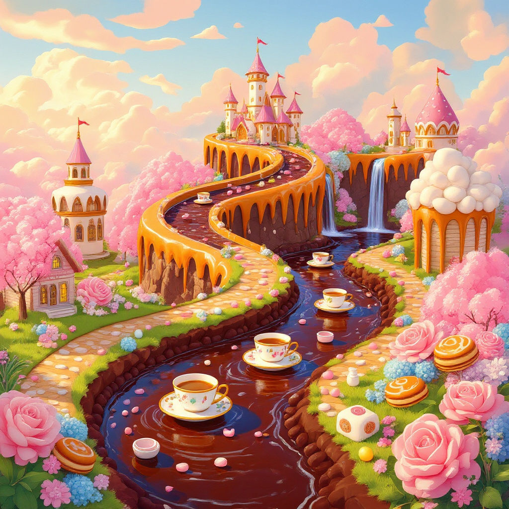 Surreal Candyland Dreamscape with Chocolate River