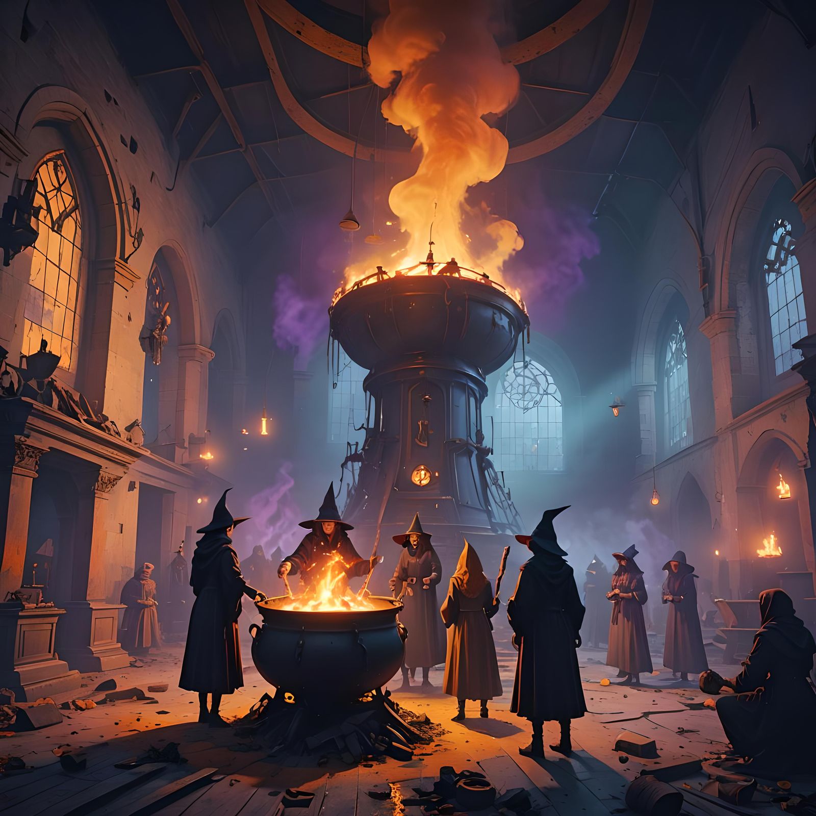 Scary Vivid Halloween Scene with Witches and Ghosts