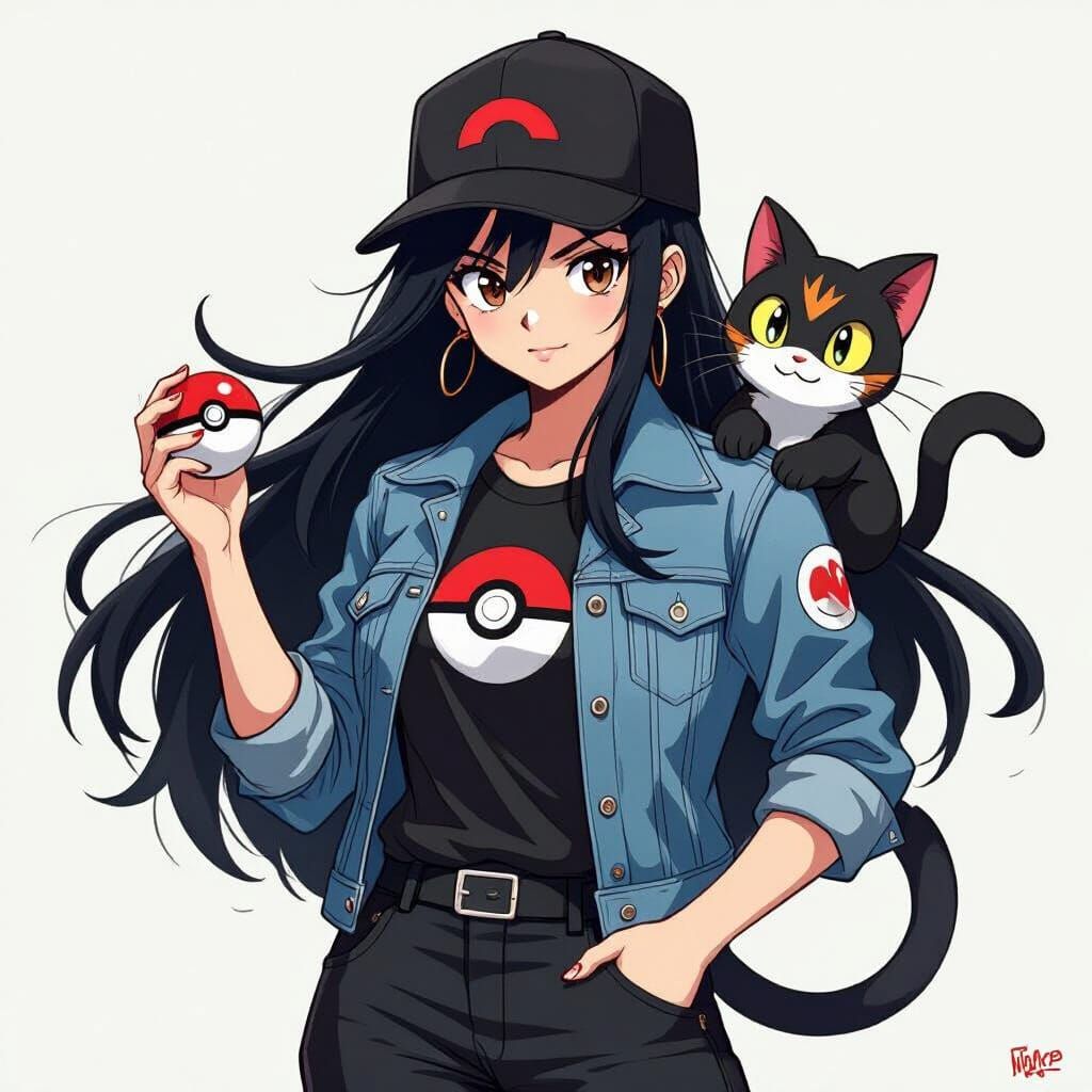 Trainer with Meowth, Anime-Inspired Digital Art