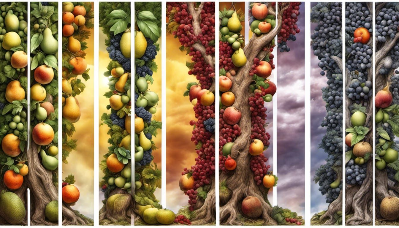 Surreal Multi-Season Fruit Tree in Digital Art Style