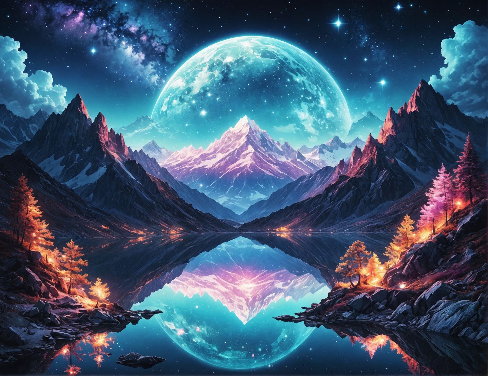 Fantasy Mountain Lake in Anime Style Collage