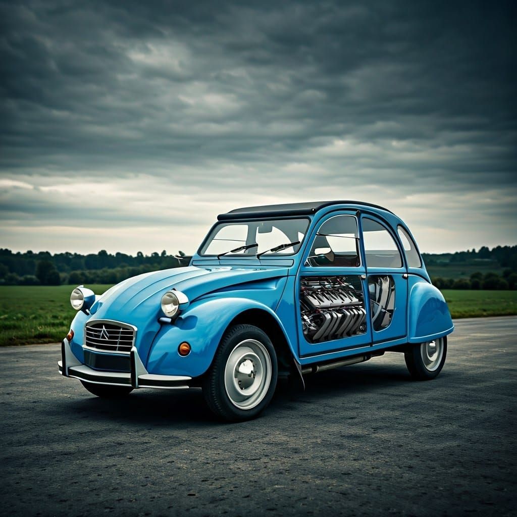 Blue Citroën 2CV with V12 Engine
