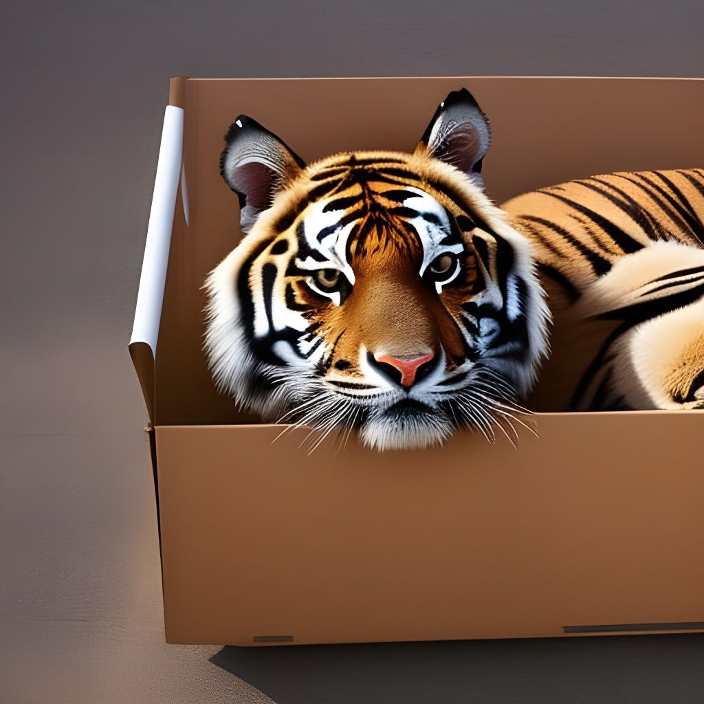 Tiger in Cardboard Box: Photorealistic 8K Image