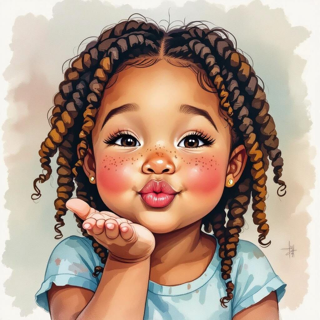 Chubby Girl Blowing Kiss: Watercolor Style Illustration