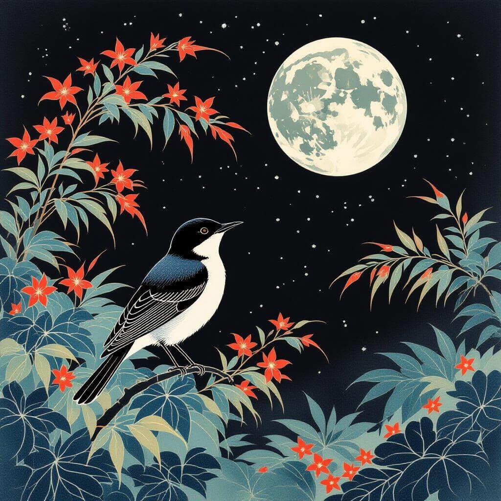 Nightingale Sings Amidst Japanese Foliage in Ukiyo-e Style