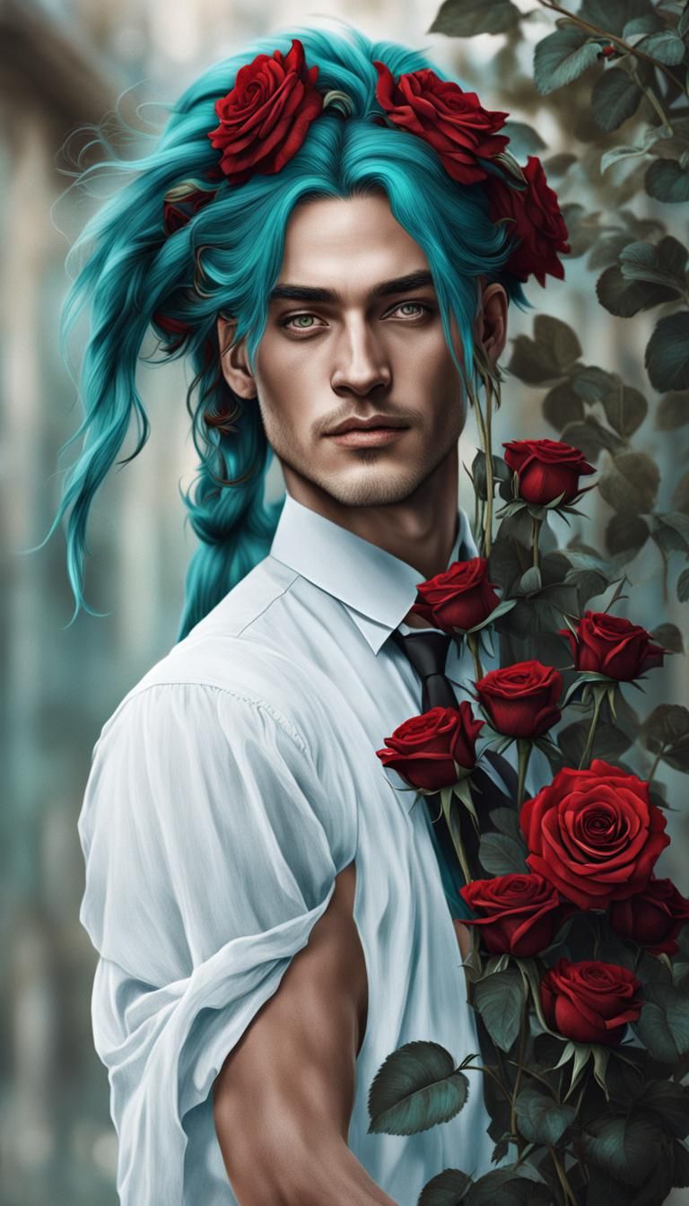 Smirking Androgynous Man with Roses