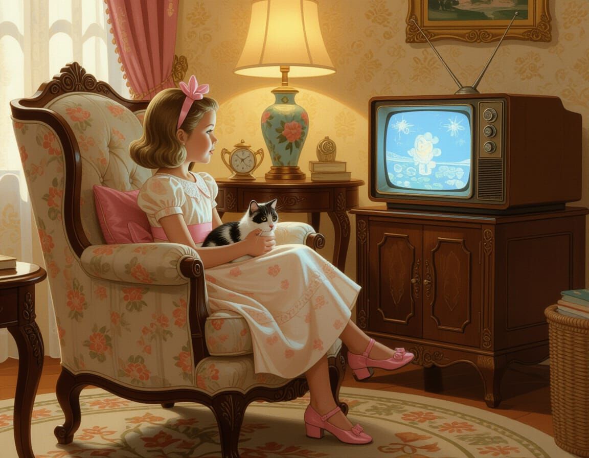 Girl Watching TV in 1950s Living Room