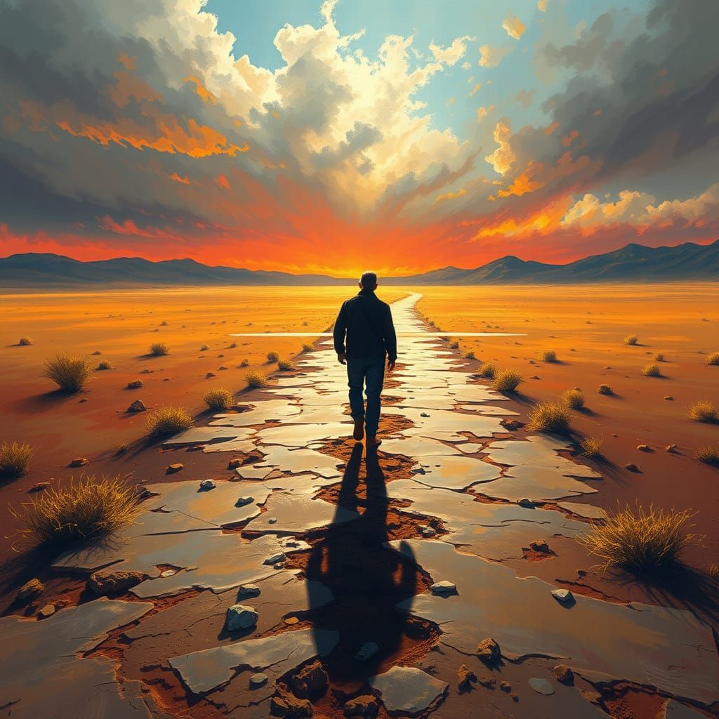 Lone Man Walks Cross-Shaped Path in Desolate Landscape