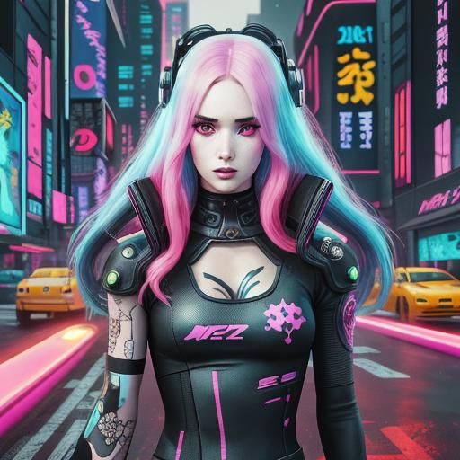 Anime Lady Death in Cyberpunk Neon Cityscape