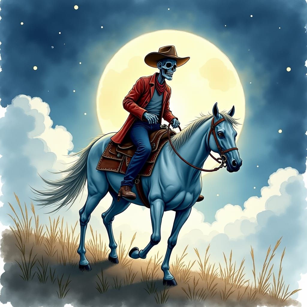 Zombie Cowboy Rides in Impressionistic Watercolor