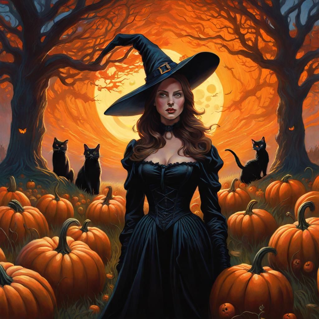 Halloween Witch, Pumpkins and Black Cat Painting