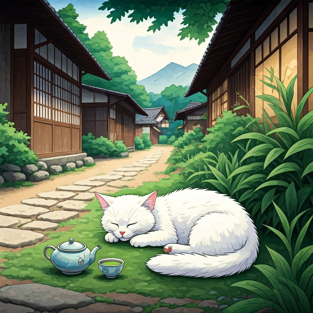 White Cat's Serene Slumber: Sumi-e Style Tea Scene