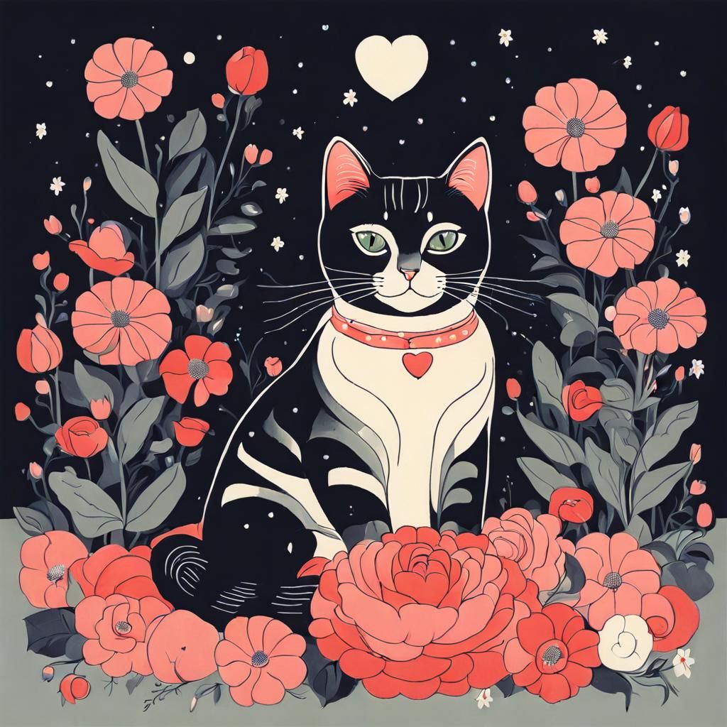 Cute Cat with Flowers in Bauhaus Style
