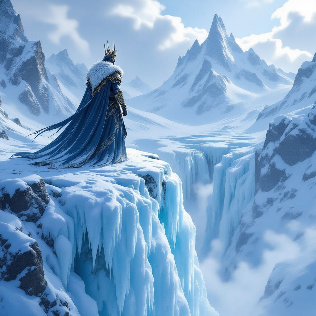 Ancient Frost King on Frozen Waterfall in Epic Landscape