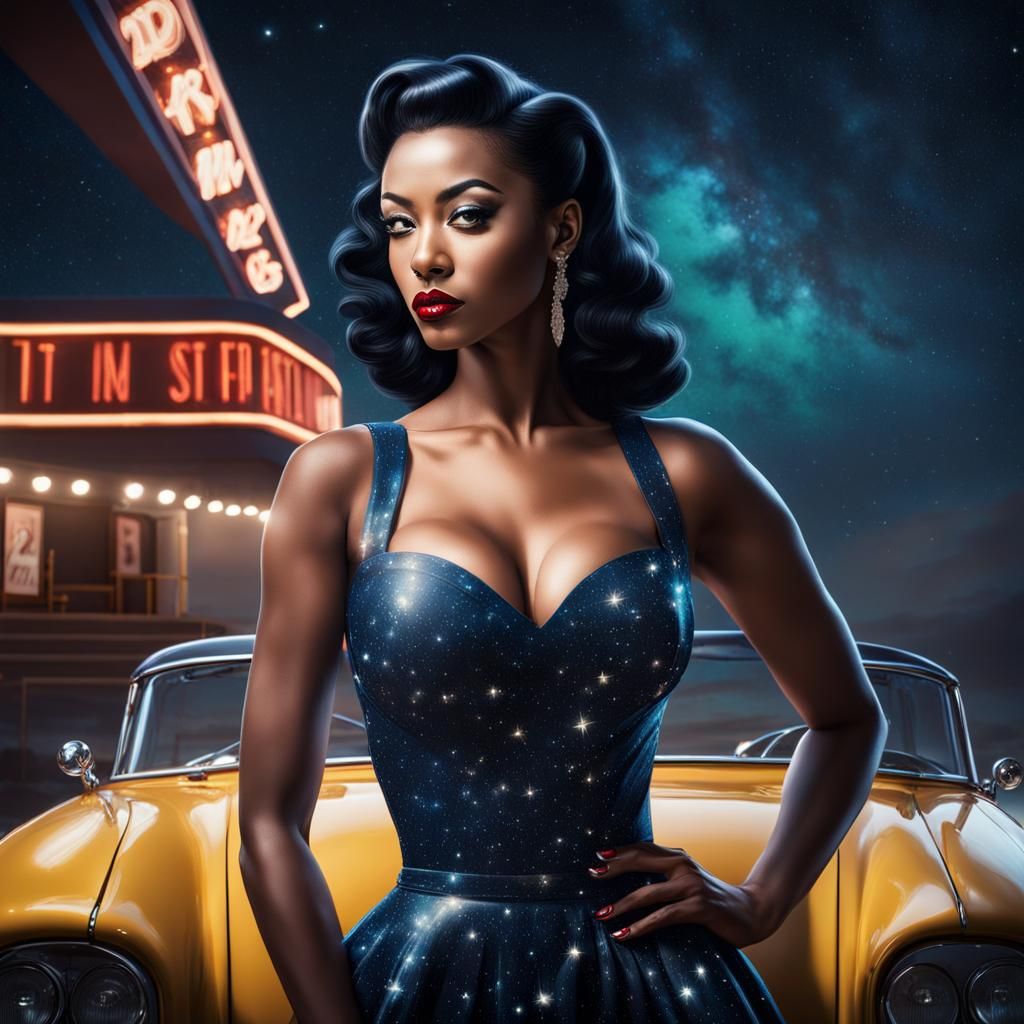 Pinup Girl at Drive-In Under Starry Night