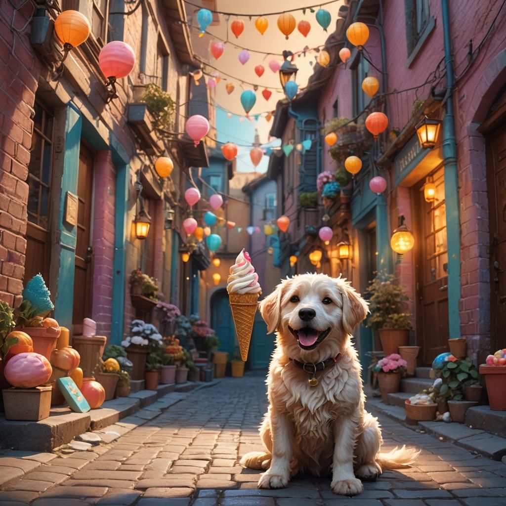 Dog with Ice Cream in Candy Alley