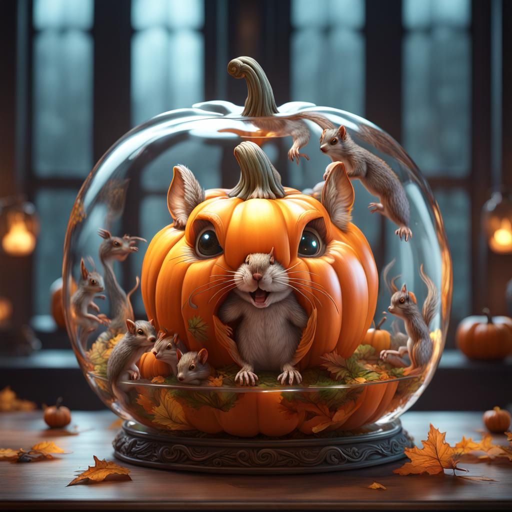 Playful Squirrels in Glass Pumpkin: Fantasy Concept Art