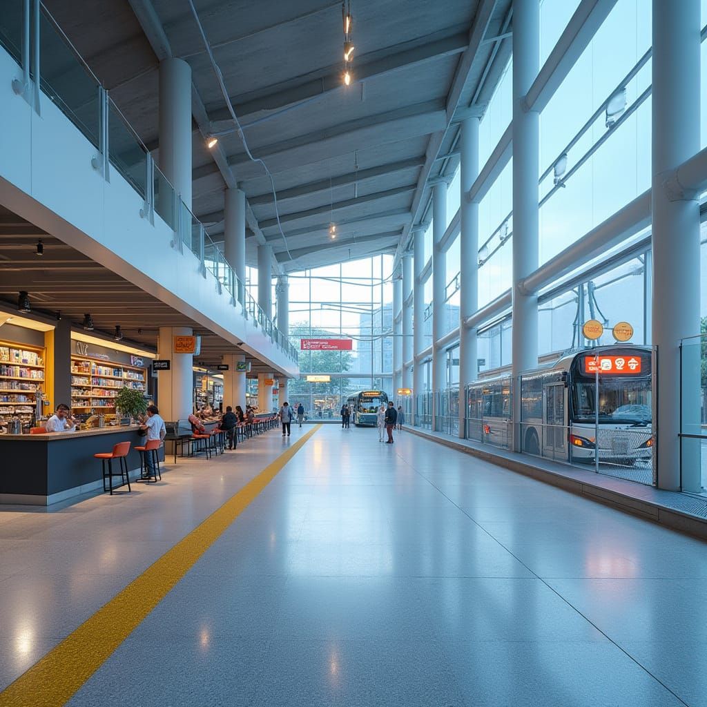 Modern Bus Terminal with Comfortable Waiting Area and Shoppi...