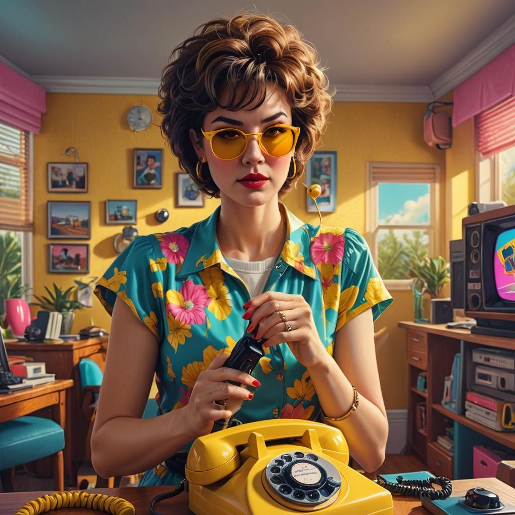80s Woman with Rotary Phone in 3D Style
