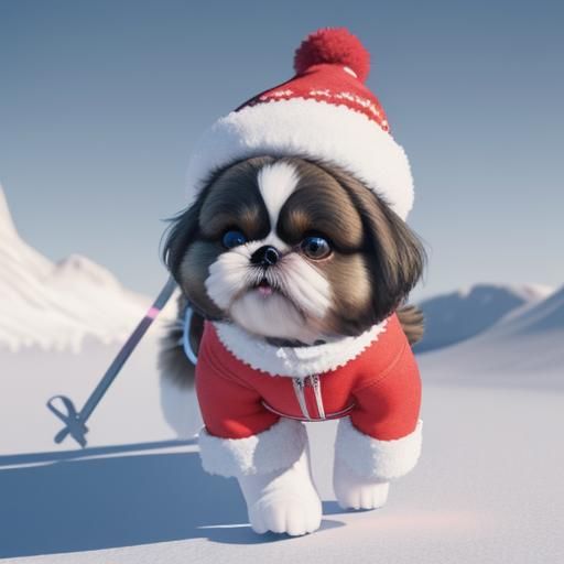 Shih Tzu Dog Skiing in Winter Outfit: 3D Disney Style