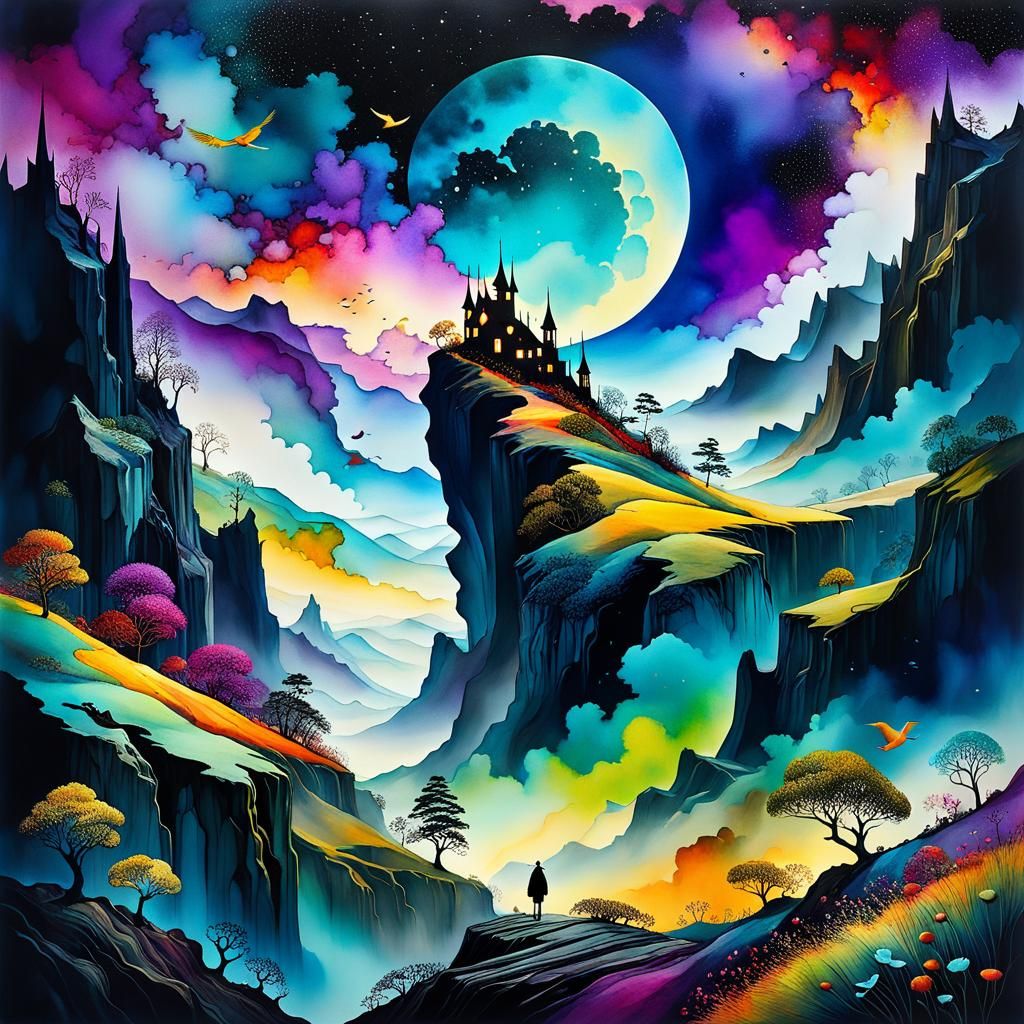 Abstract Fantasy Landscape in Alcohol Ink Style