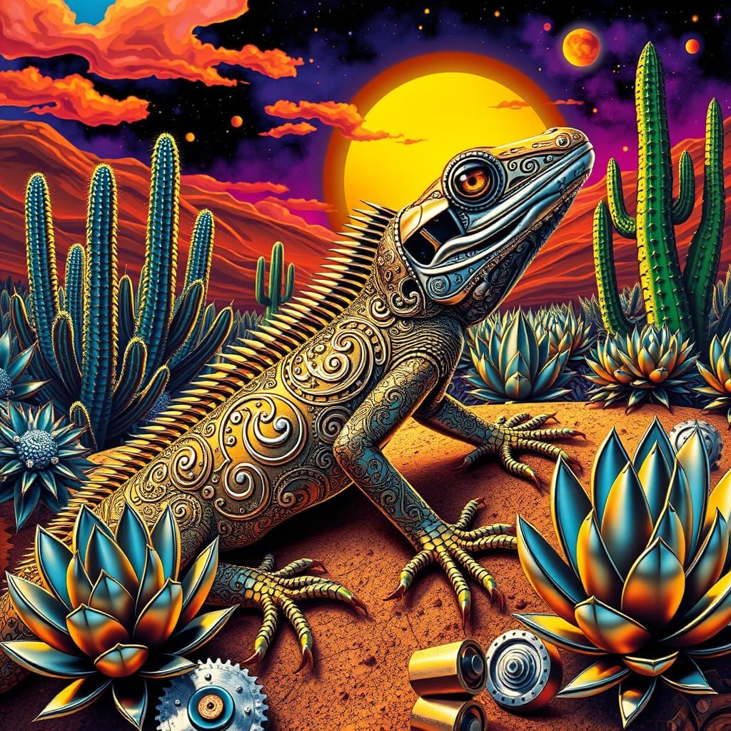 Metal Iguana in Psychedelic Desert, 1960s Poster Art