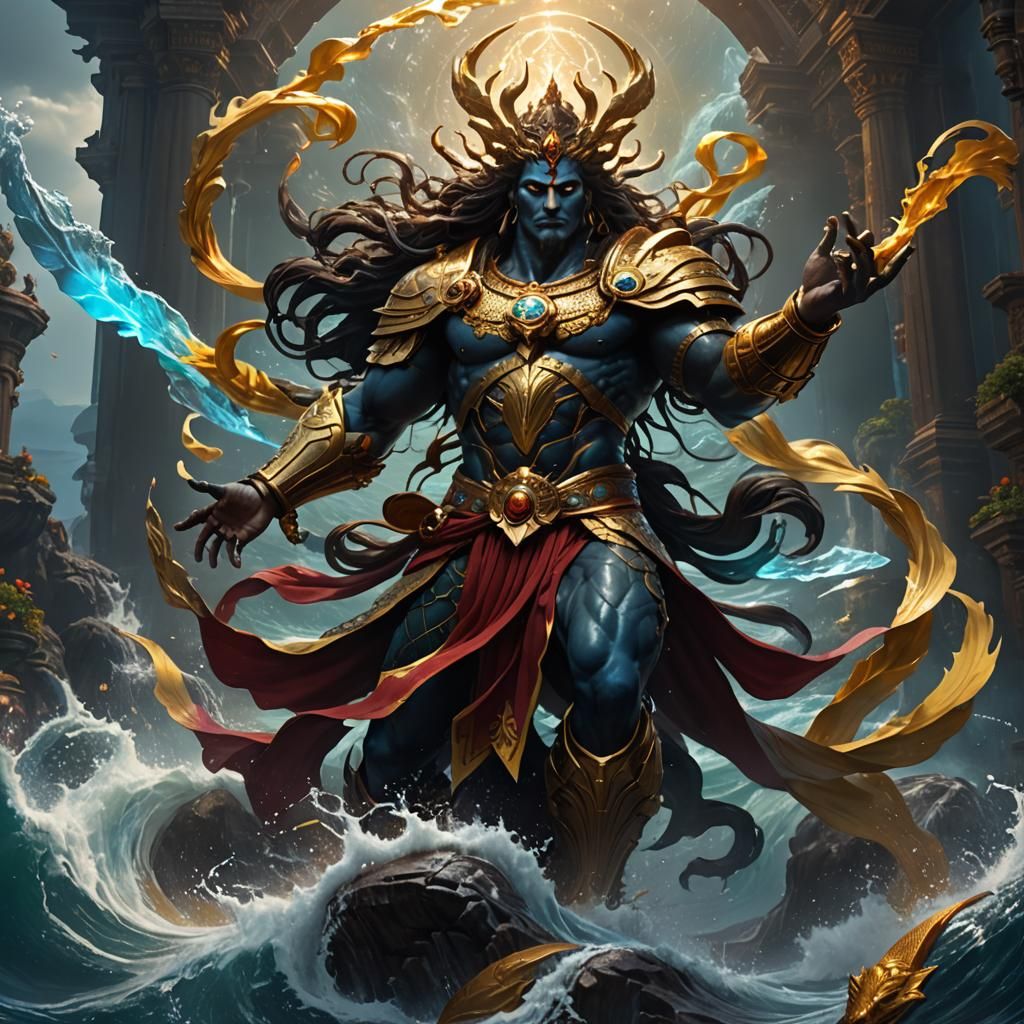 Majestic Varuna: God of Water in Dark Fantasy Style