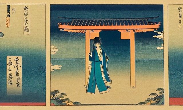 Shugenja Dancing in Japanese Temple, Ukiyo-e Style