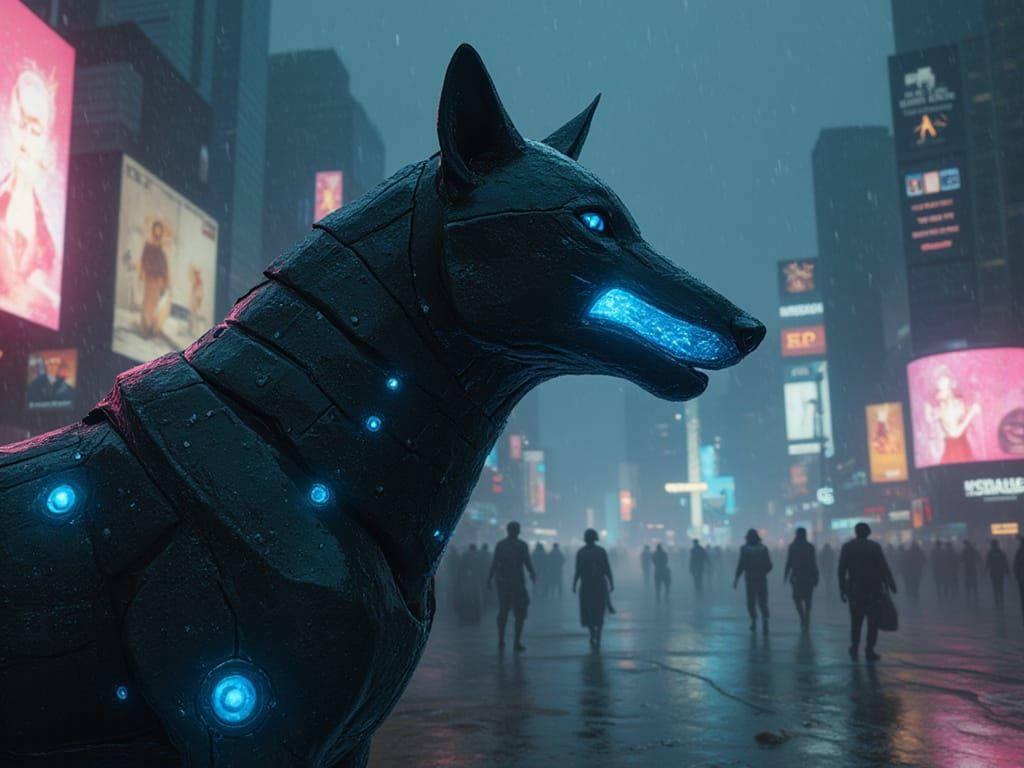 Cybernetic Wolf in Moody Cyberpunk Cityscape