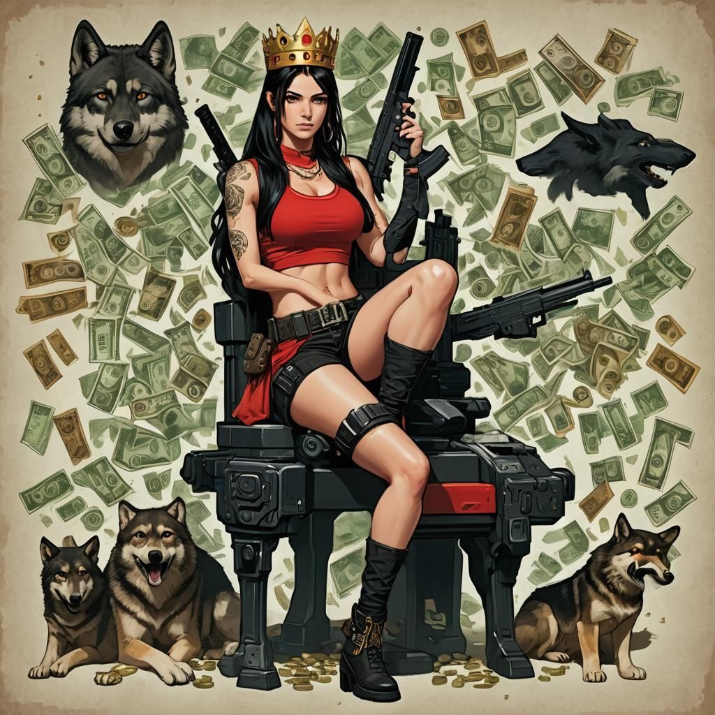 Amazonian Caitlin Fairchild on Throne with Pistols