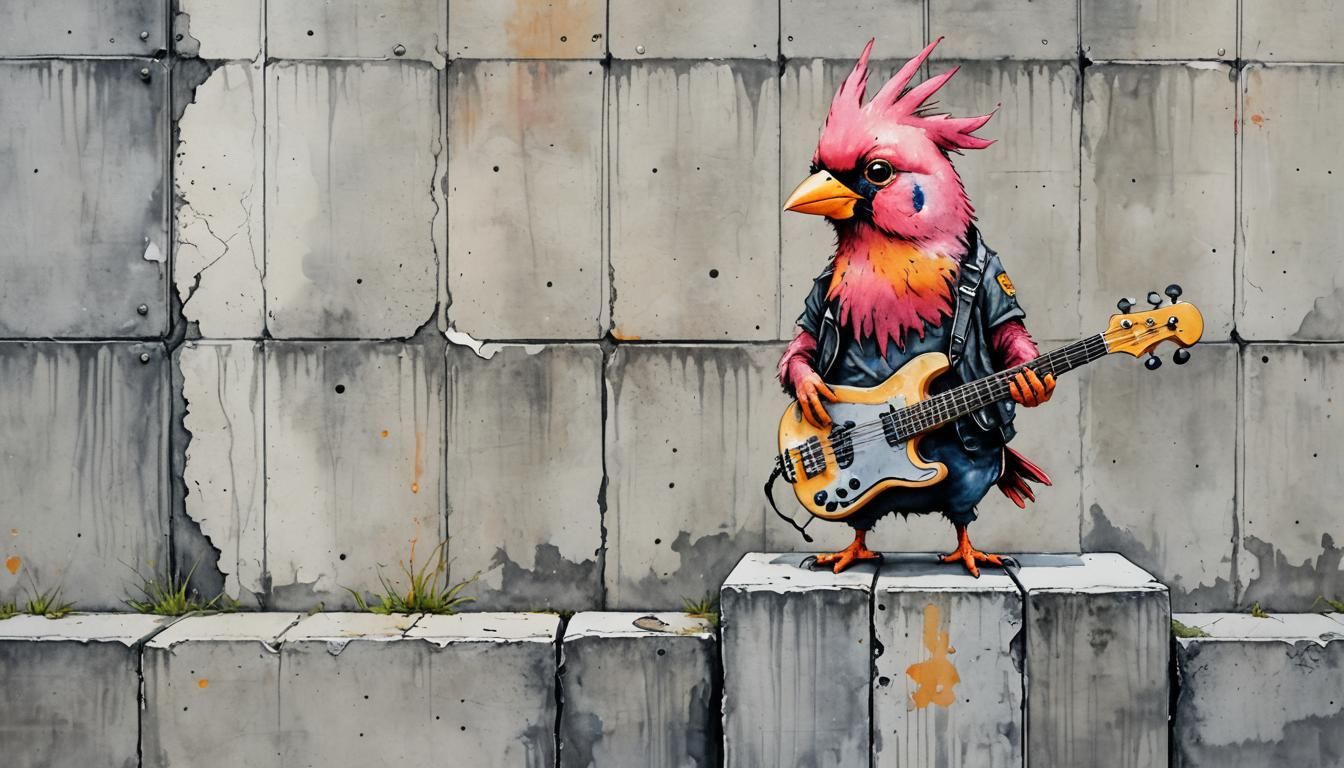 Colorful Bird Bassist in Watercolor Punk Style