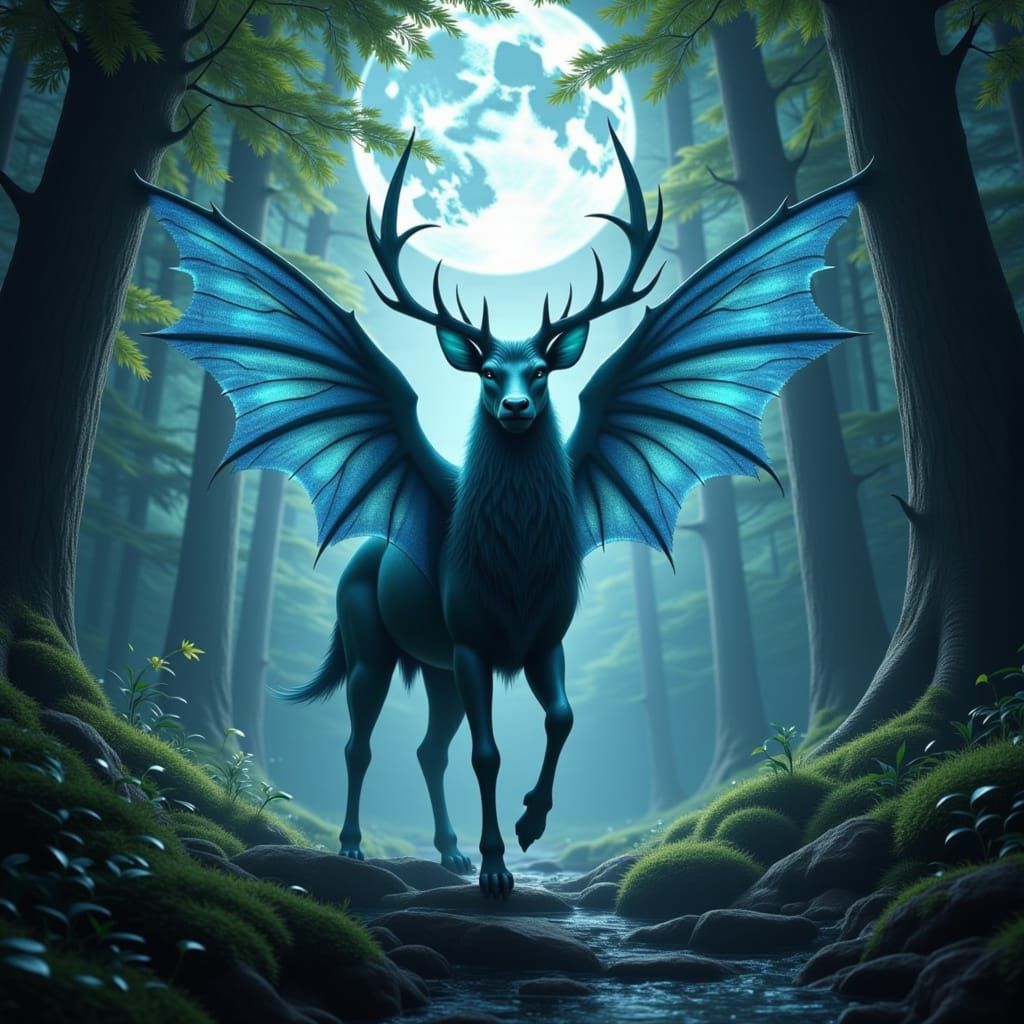 Mythical Sylar Creature with Antlers and Webbed Wings
