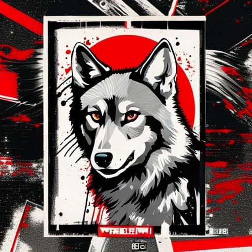 Wolf in Trash Polka Style Drawing