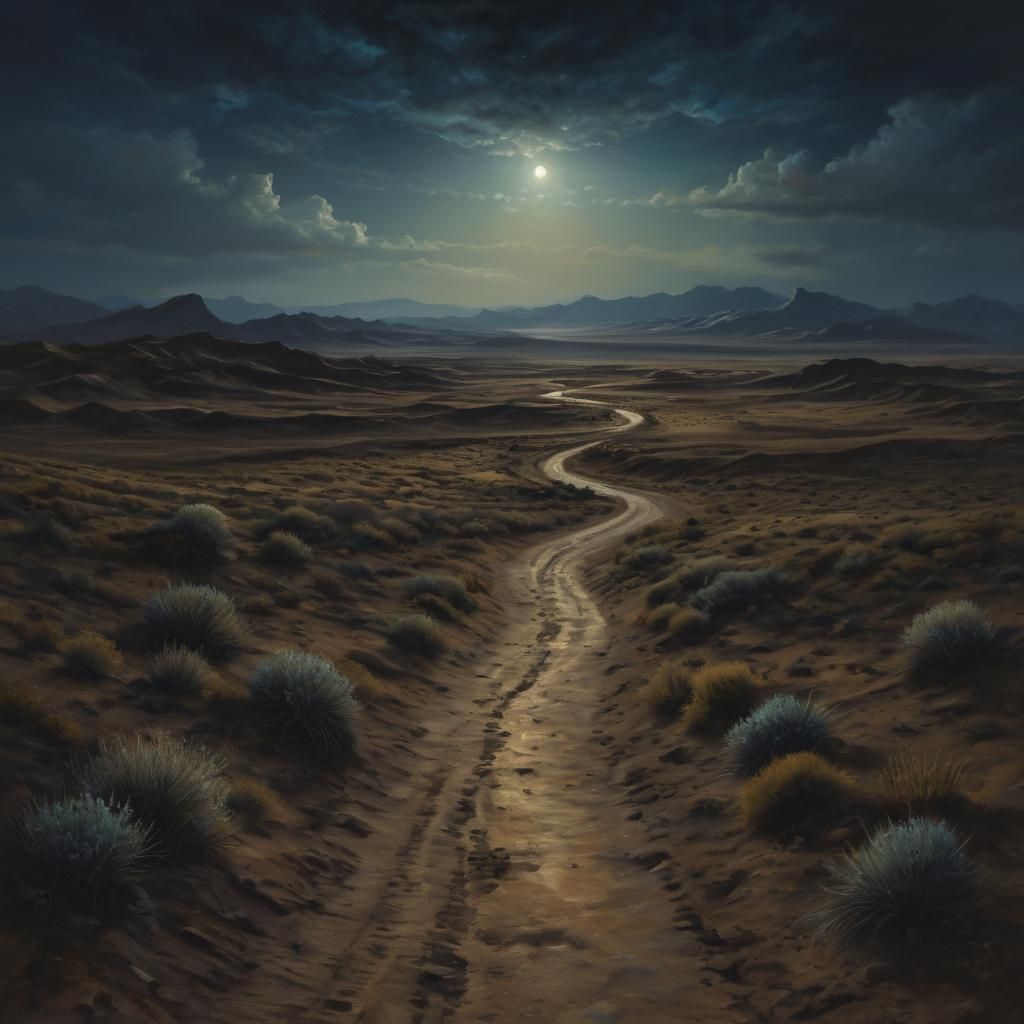Desert Path Landscape in Rembrandt-Inspired Style