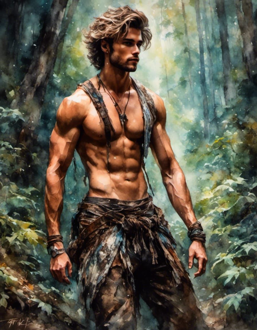 Handsome Man in Maximalist Forest Gouache Painting