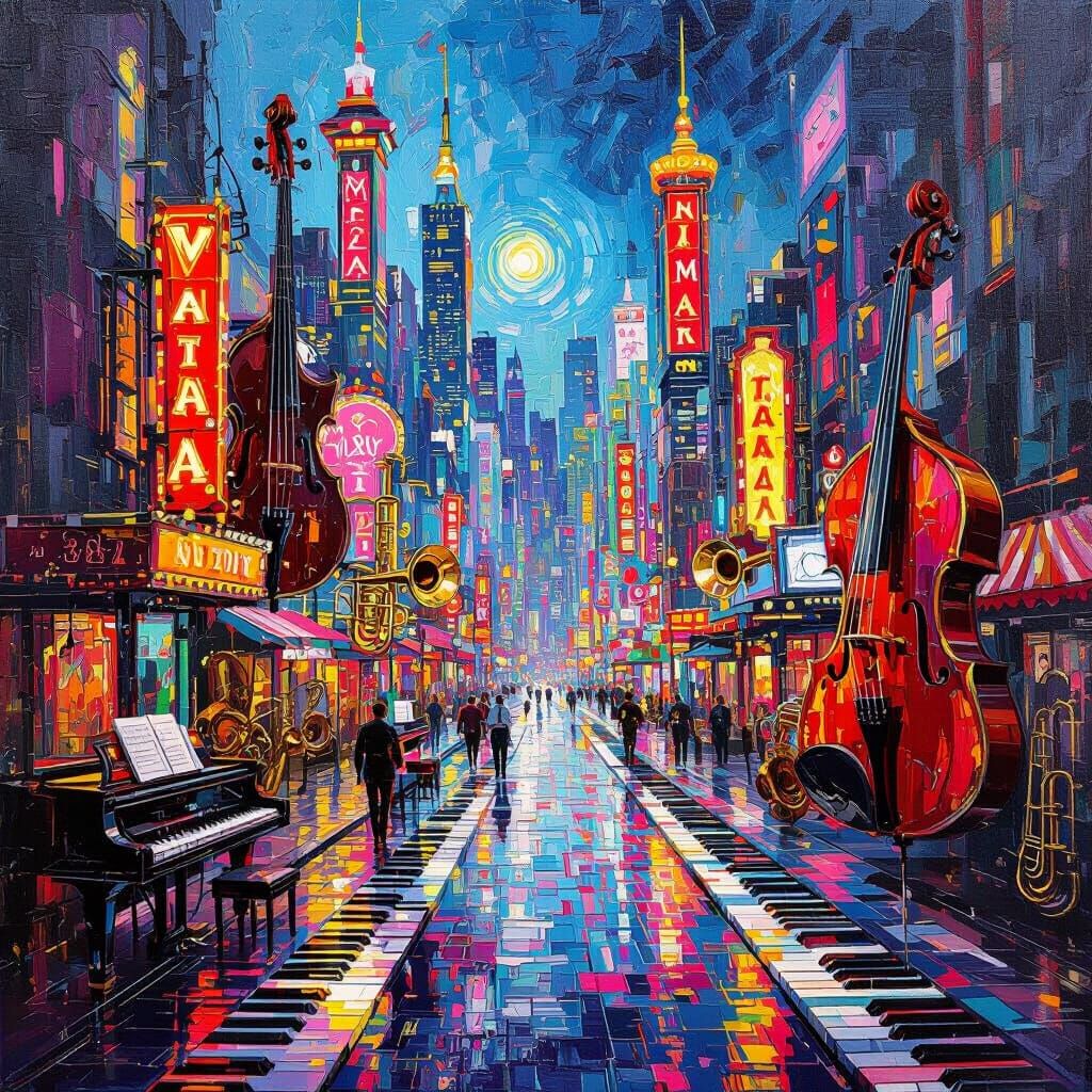 Surreal Cyberpunk Music Metropolis with Neon Sound Waves