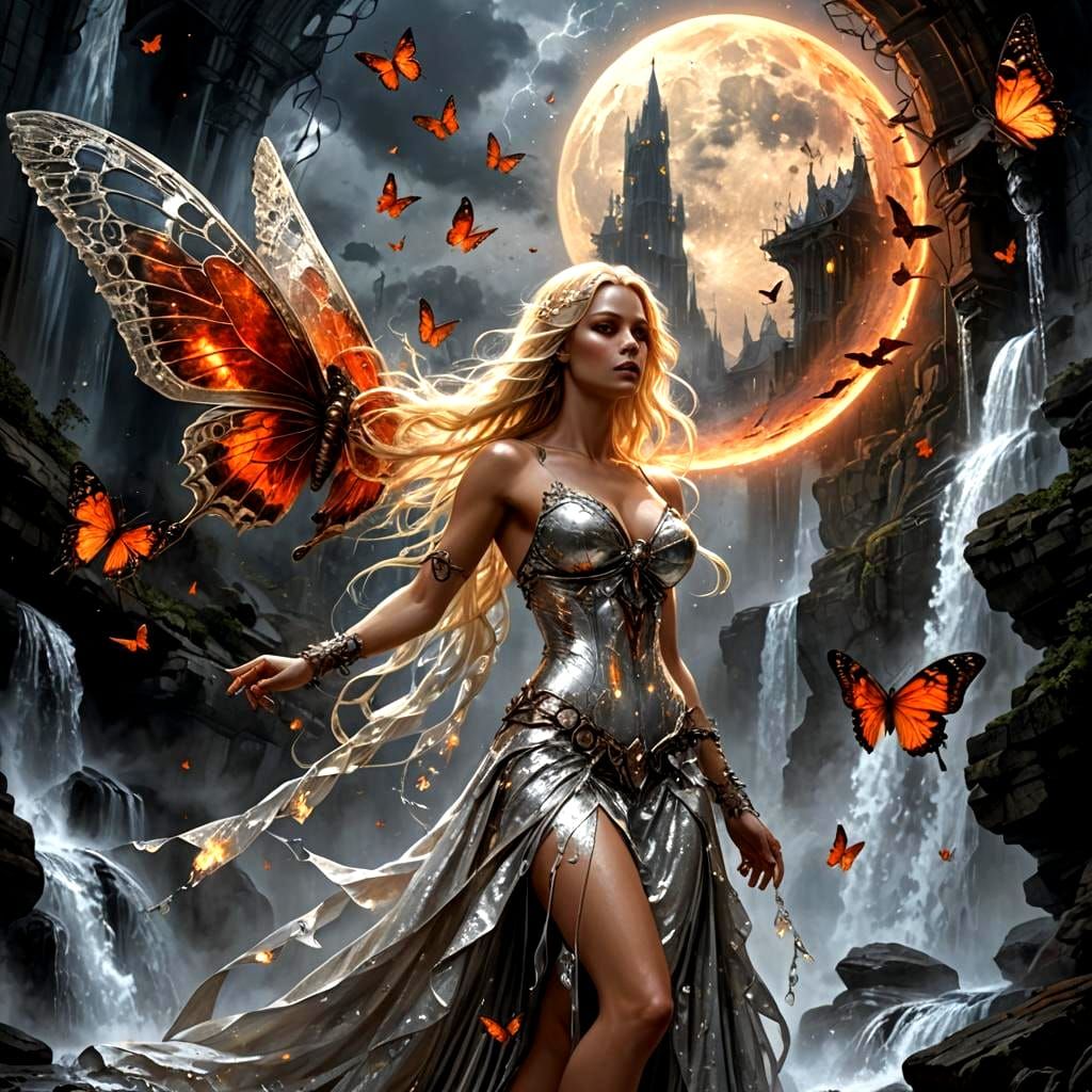Woman with Burning Butterfly Wings in Steampunk Style
