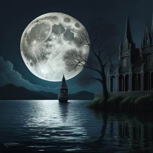 Surreal Full Moon Reflection in Dark Fantasy Style