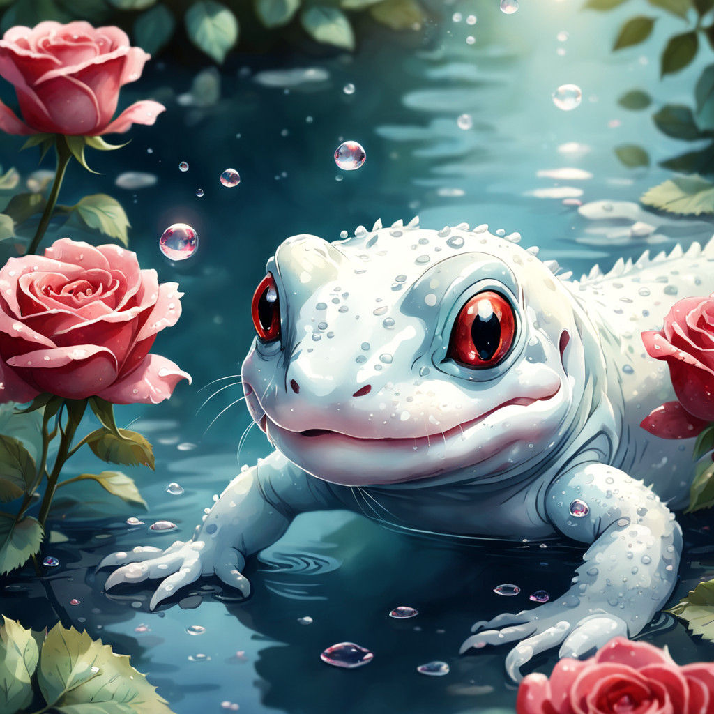Anime Pastel Watercolor: Adorable White Salamander Amidst Ro...