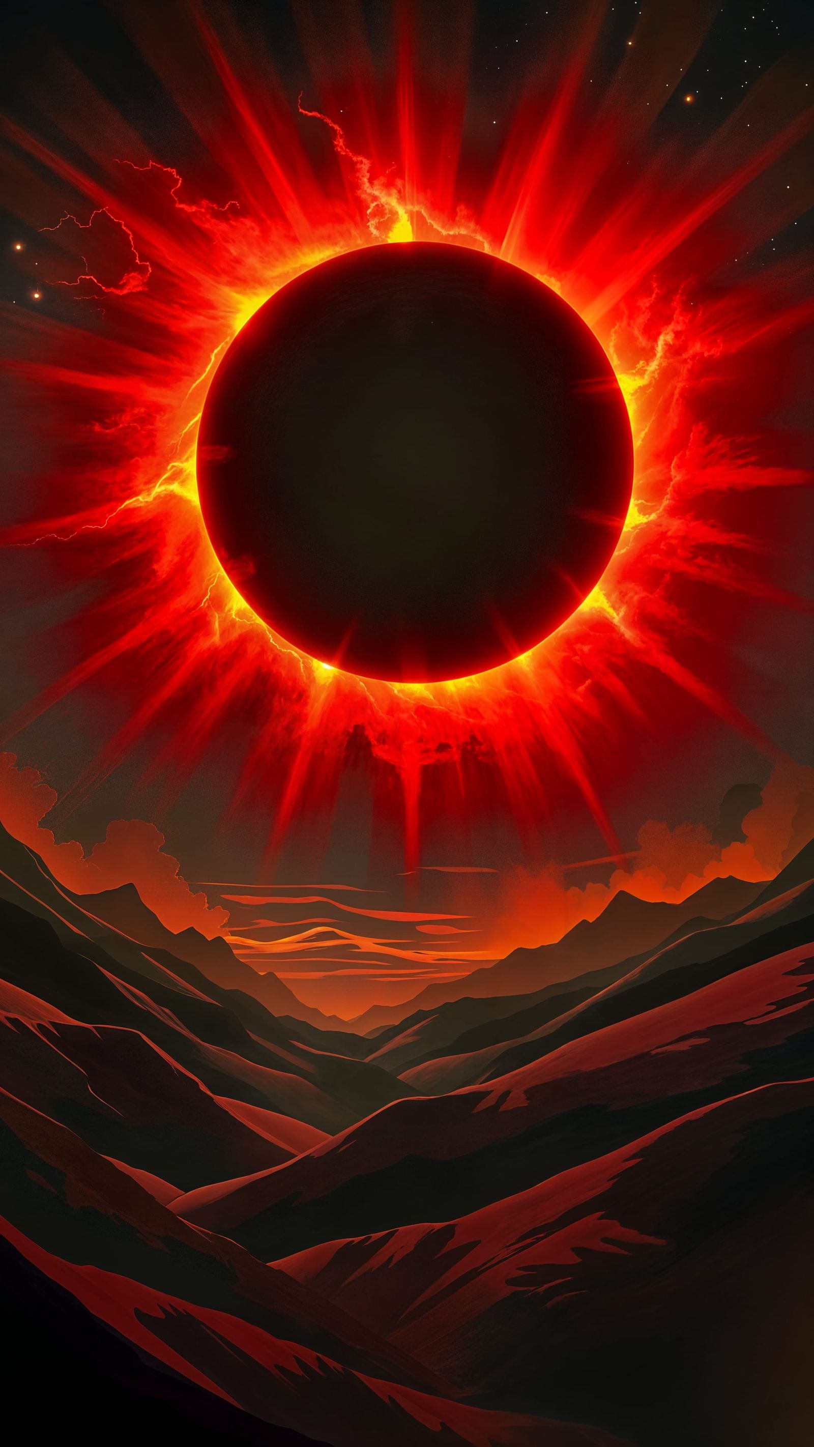 Majestic Red Sun Over Rolling Landscape