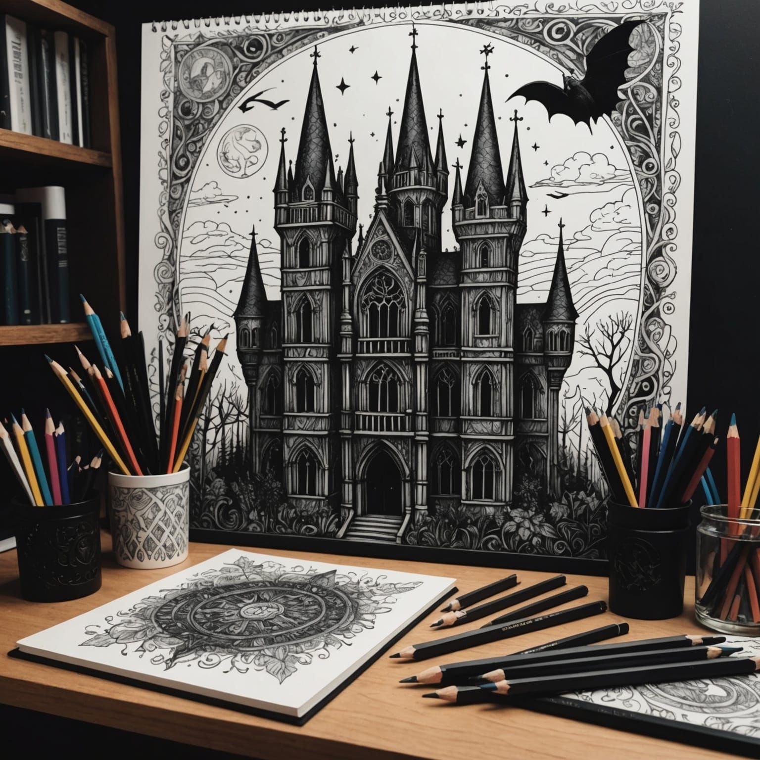 Gothic Magical Realm Doodle with Drawing Pencils