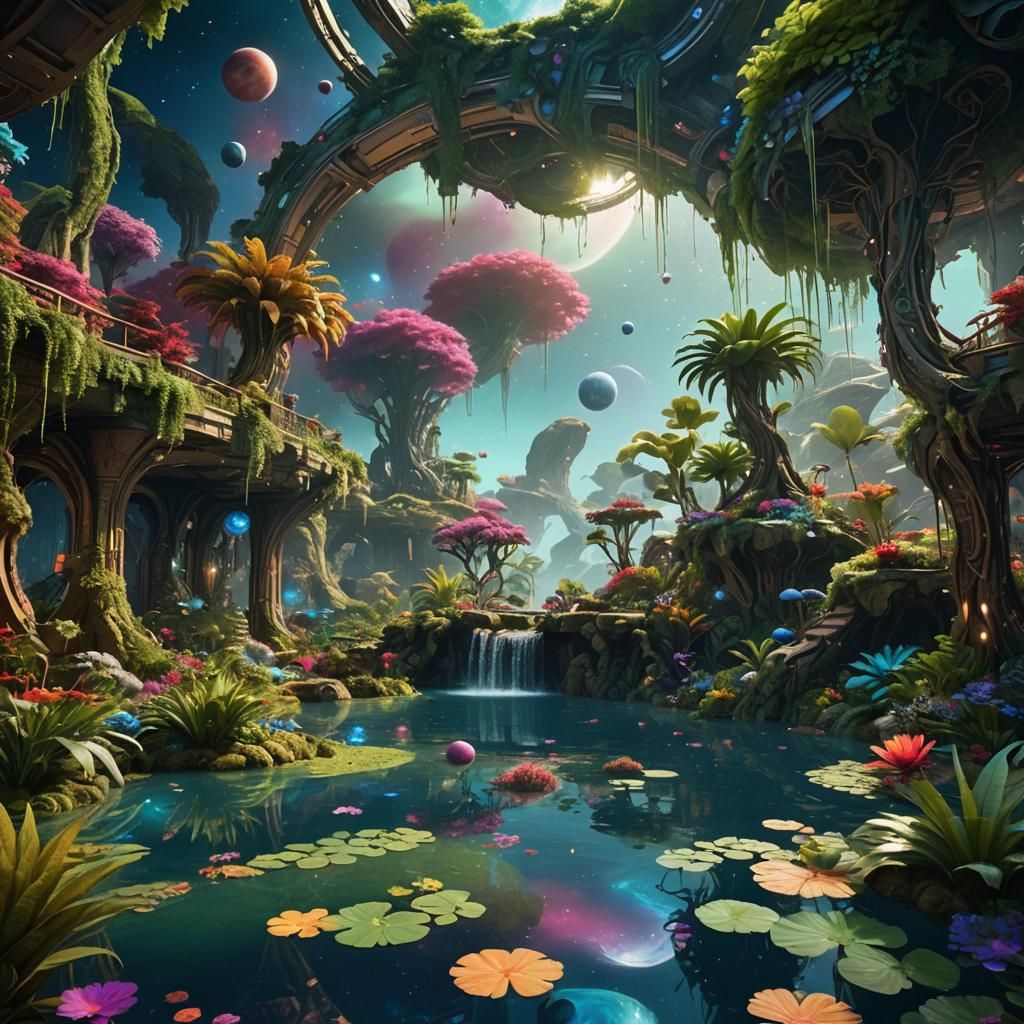 Tranquil Space Oasis with Lush Greenery in 8K